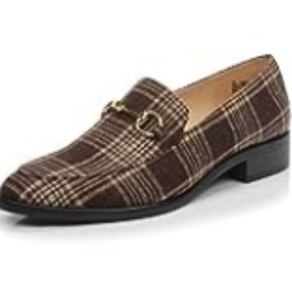 🩵NWOB Dunion Brown Plaid Chain Decorated Dressy Loafers Size 8 - Picture 1 of 15
